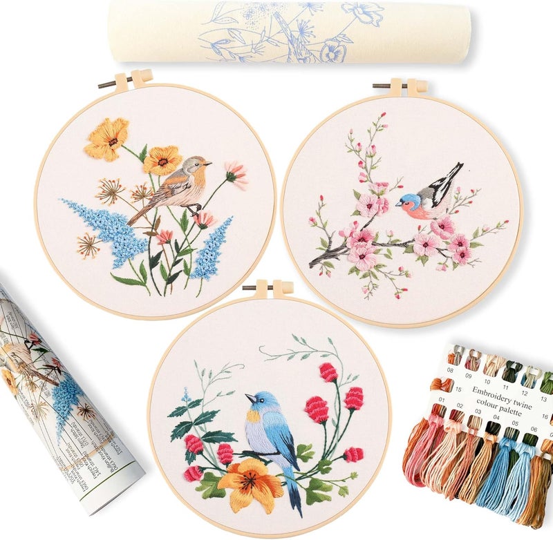 REEWISLY 3p Embroidery Starter Kit Patterns, DIY Adult Cross Stitch Kits Beginner, Including 3 Plastic Embroidery Rings, 1 Scissors, Colored Threads,Needles and Instructions - Image 1